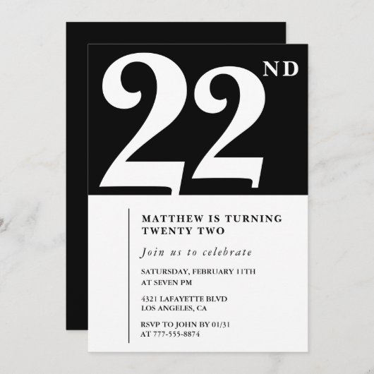 Zwarte 22e verjaardag uitnodiging Elegant Chic Sim (Voorkant / Achterkant)