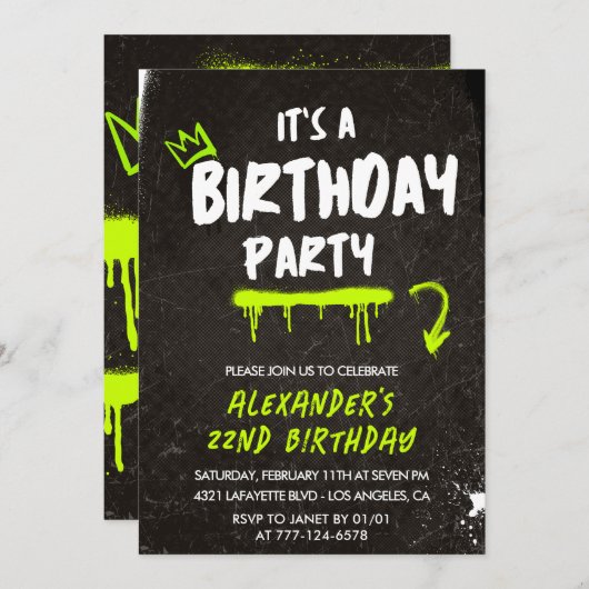 Zwarte 22e verjaardagsuitnodigingen Mannen Graffit Kaart (Voorkant / Achterkant)