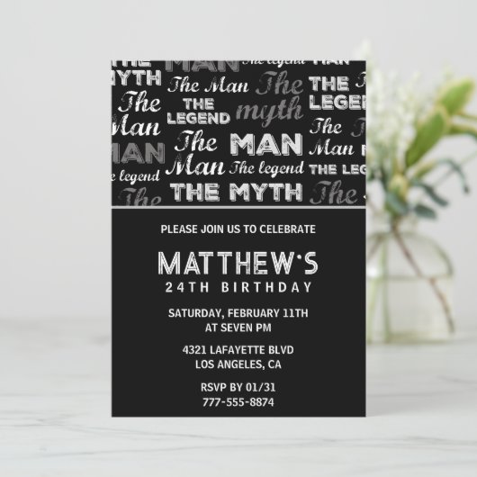 Zwarte 24ste verjaardag uitnodiging voor hem Myth  (Staand voorkant)