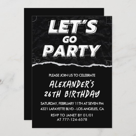 Zwarte 26ste verjaardagsuitnodigingen Mannen Wit Kaart (Voorkant / Achterkant)