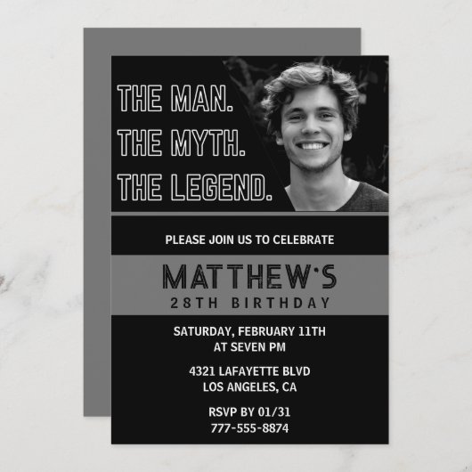 Zwarte 28e verjaardagsuitnodiging Het Man De Legen Kaart (Voorkant / Achterkant)