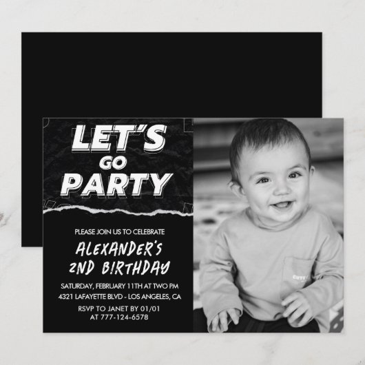 Zwarte 2e verjaardag uitnodigingen Boy Photo (Voorkant / Achterkant)