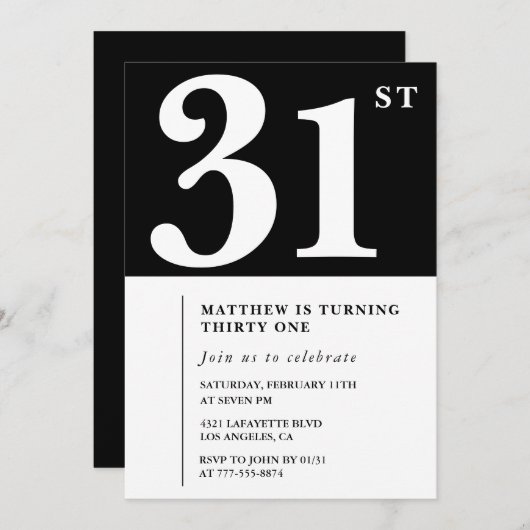 Zwarte 31e verjaardag uitnodiging Elegant Chic Sim (Voorkant / Achterkant)