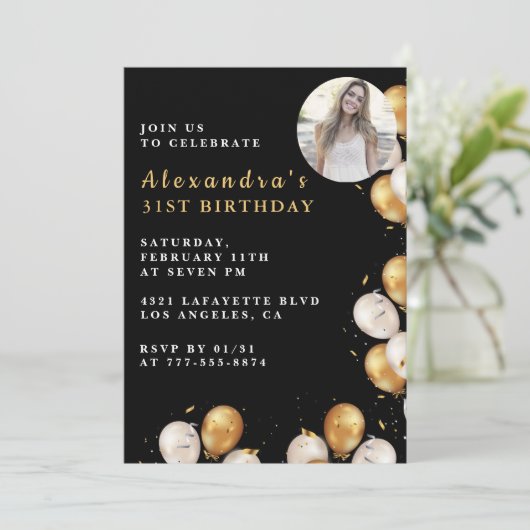 Zwarte 31e verjaardag uitnodiging Gold Balloon Fot (Staand voorkant)