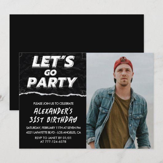 Zwarte 31e verjaardagsuitnodigingen Mannen Foto Kaart (Voorkant / Achterkant)