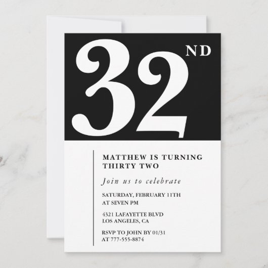 Zwarte 32e verjaardag uitnodiging Elegant Chic Sim (Voorkant)