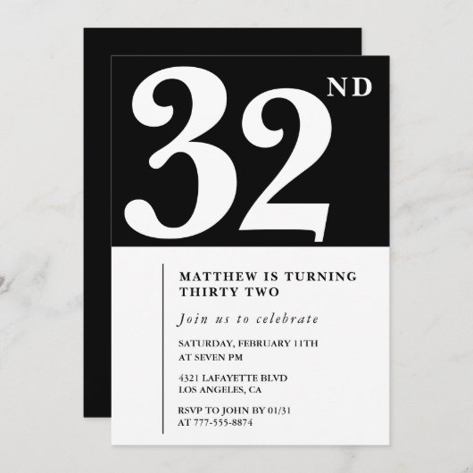 Zwarte 32e verjaardag uitnodiging Elegant Chic Sim (Voorkant / Achterkant)