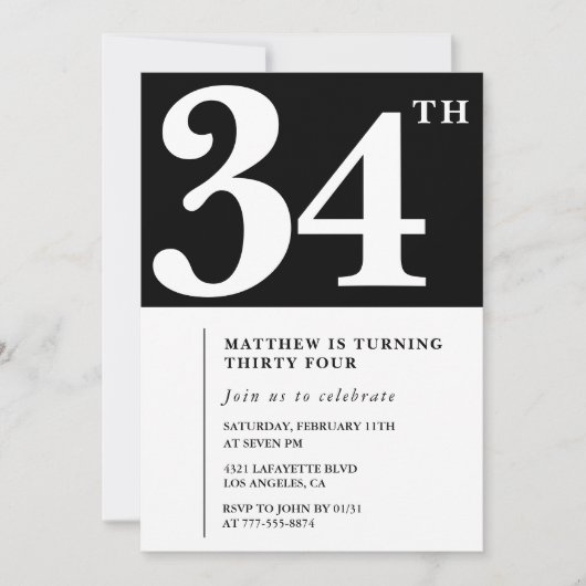 Zwarte 34e verjaardag uitnodiging Elegant Chic Sim (Voorkant)
