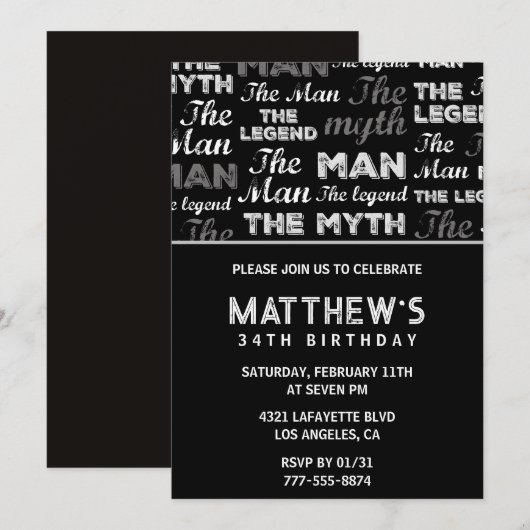 Zwarte 34ste verjaardag uitnodiging voor hem Myth  (Voorkant / Achterkant)