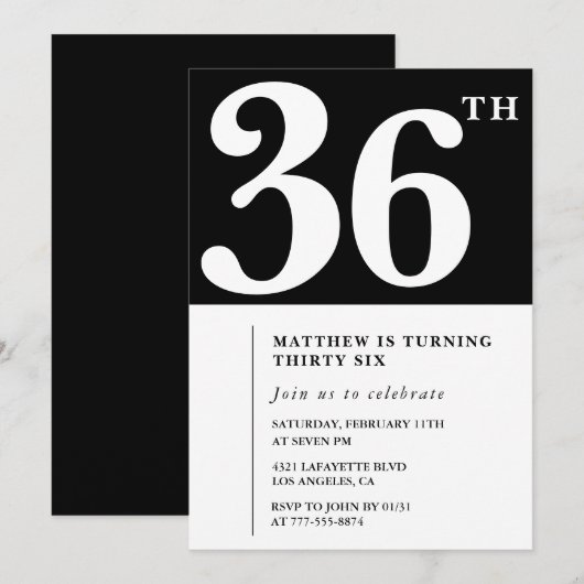 Zwarte 36e verjaardag uitnodiging Elegant Chic Sim (Voorkant / Achterkant)