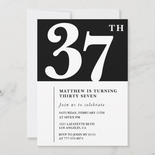 Zwarte 37e verjaardag uitnodiging Elegant Chic Sim (Voorkant)