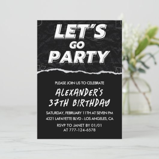 Zwarte 37e verjaardag uitnodigingen Mannen Wit (Staand voorkant)