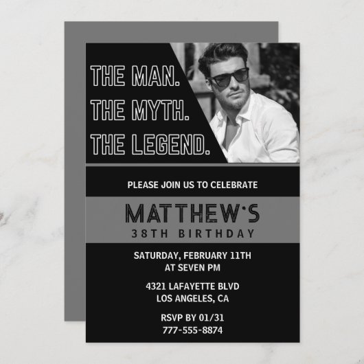 Zwarte 38e verjaardagsuitnodiging Het Man De Legen Kaart (Voorkant / Achterkant)
