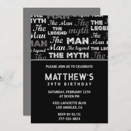 Zwarte 39ste verjaardag uitnodiging voor hem Myth (Voorkant / Achterkant)