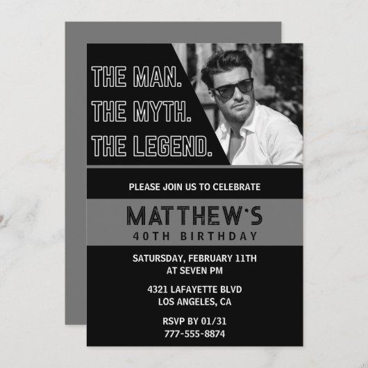 Zwarte 40e verjaardagsuitnodiging Het Man De Legen Kaart (Voorkant / Achterkant)