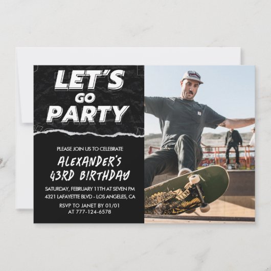 Zwarte 43e verjaardag uitnodigingen Mannen Foto (Voorkant)