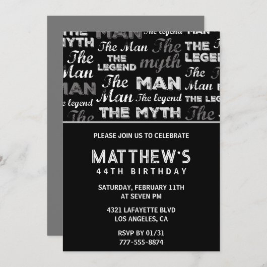 Zwarte 44ste verjaardag uitnodiging voor hem Myth (Voorkant / Achterkant)