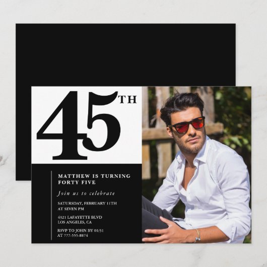 Zwarte 45e verjaardag uitnodigingen Elegant Chic (Voorkant / Achterkant)
