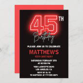Zwarte 45e verjaardag uitnodigingen Mannen Neon (Voorkant / Achterkant)