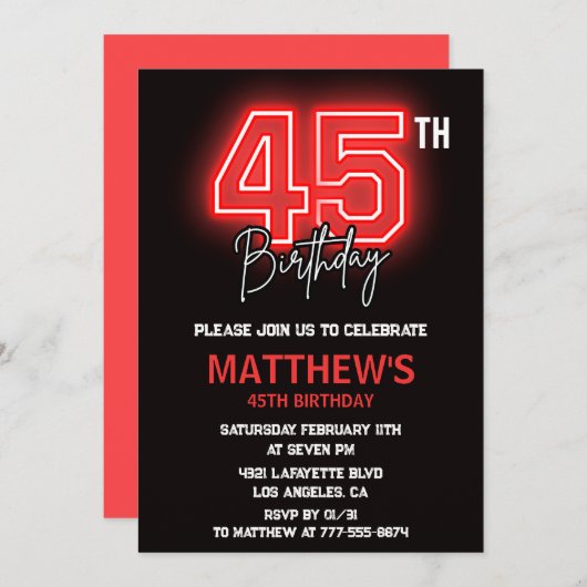 Zwarte 45e verjaardag uitnodigingen Mannen Neon (Voorkant / Achterkant)