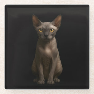 Zwarte 4 Luxe Glas onderzetter, Sphynx Kat Glazen Onderzetter