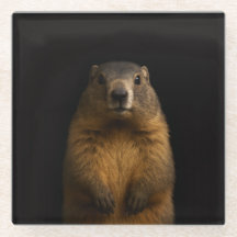 Zwarte 4 Luxe glazen coaster, Fluffy Marmot
