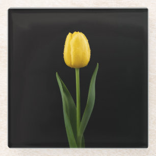 Zwarte 4 Luxe glazen onderzetter, Gouden Gele Tulp Onderzetter