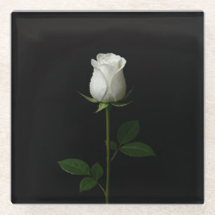Zwarte 4 Luxe glazen onderzetter, Pure White Rose Onderzetter