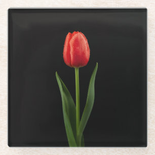 Zwarte 4 Luxe glazen onderzetter, Robijnrode Tulp Onderzetter
