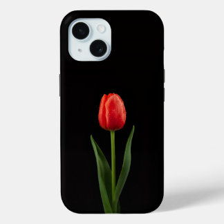 Zwarte 4 Luxe iPhone 15 Hoesje, Robijnrode Tulp Case