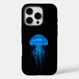 Zwarte 4 Luxe iPhone 16 Pro, Neon Blauwe Kwallen Pro Hoesje