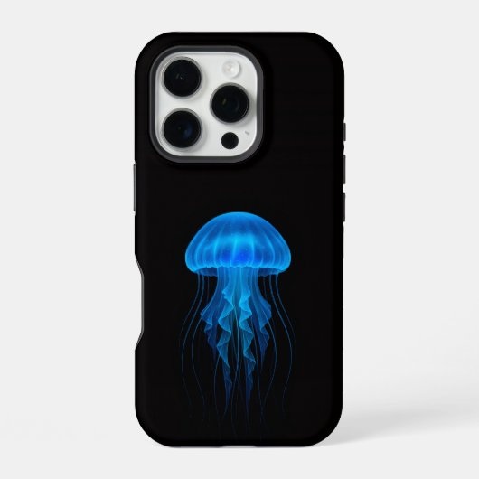 Zwarte 4 Luxe iPhone 16 Pro, Neon Blauwe Kwallen Hoesje (Achterkant)