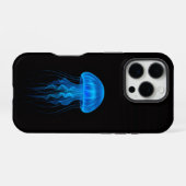 Zwarte 4 Luxe iPhone 16 Pro, Neon Blauwe Kwallen Hoesje (Achterkant horizontaal)