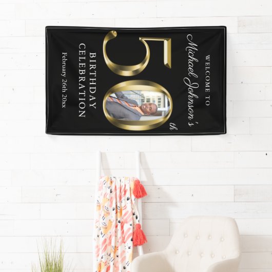 Zwarte 50e verjaardag Solid Gold Typografie Foto Spandoek (Insitu)