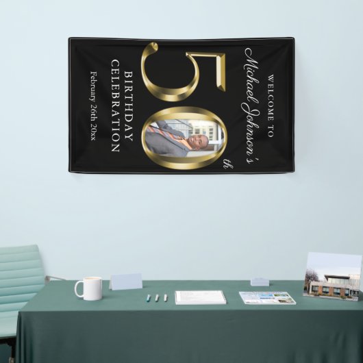 Zwarte 50e verjaardag Solid Gold Typografie Foto Spandoek (Beurs)