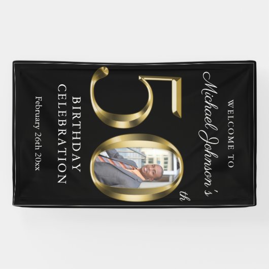 Zwarte 50e verjaardag Solid Gold Typografie Foto Spandoek (Horizontaal)