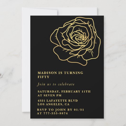 Zwarte 50e verjaardag uitnodigingen Gold Flowers (Voorkant)
