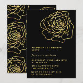 Zwarte 50e verjaardag uitnodigingen Gold Flowers (Voorkant / Achterkant)