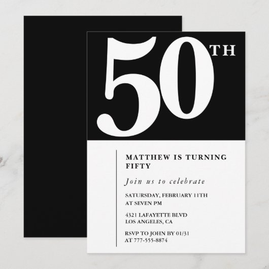 Zwarte 50ste verjaardag uitnodiging Elegant Chic S (Voorkant / Achterkant)