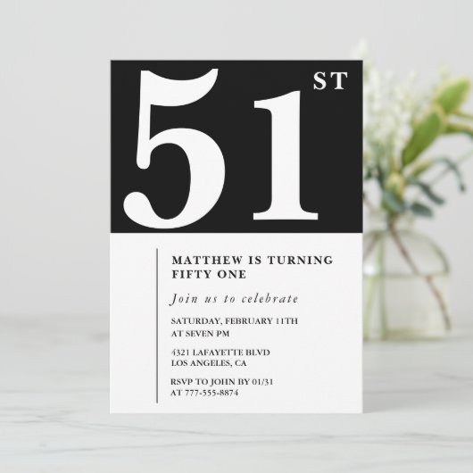 Zwarte 51e verjaardag uitnodiging Elegant Chic Sim (Staand voorkant)