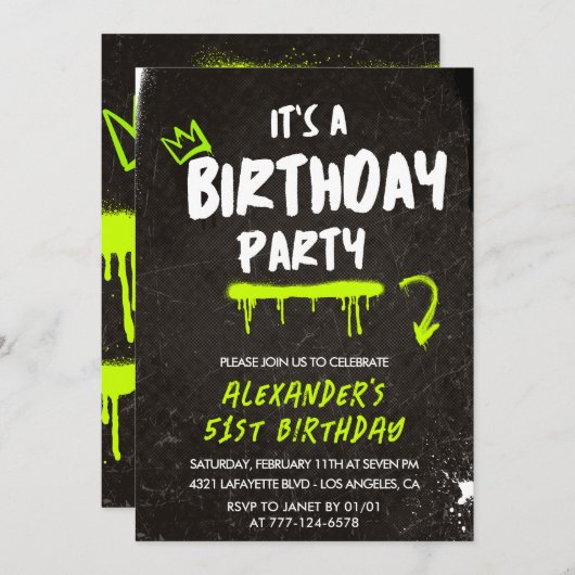 Zwarte 51e verjaardagsuitnodigingen Mannen Graffit Kaart (Voorkant / Achterkant)