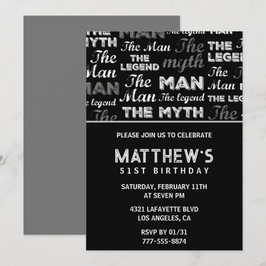 Zwarte 51ste verjaardag uitnodiging voor hem Myth (Voorkant / Achterkant)