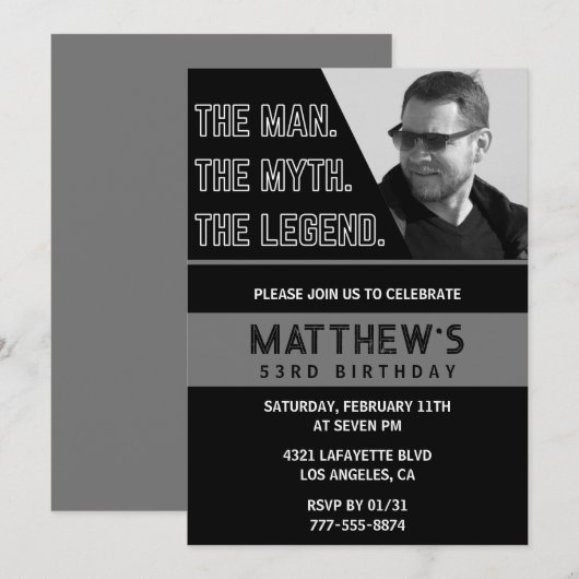 Zwarte 53e verjaardagsuitnodiging Het Man De Legen Kaart (Voorkant / Achterkant)
