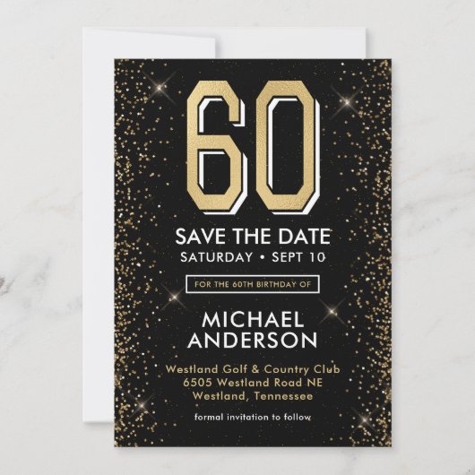 Zwarte 60e verjaardag modern save the date (Voorkant)