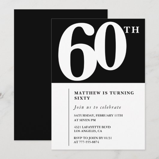 Zwarte 60e verjaardag uitnodiging Elegant Chic Sim (Voorkant / Achterkant)