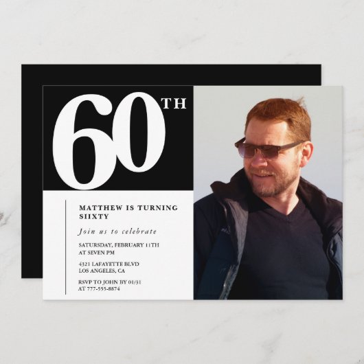 Zwarte 60e verjaardag uitnodigingen Modern Chic Fo (Voorkant / Achterkant)