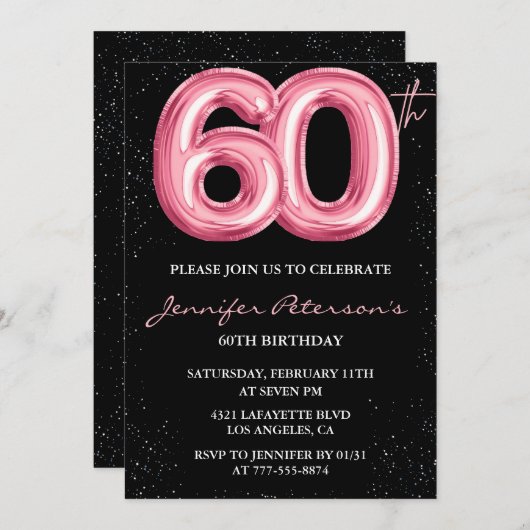 Zwarte 60ste verjaardag uitnodigingen Ballon Glam  (Voorkant / Achterkant)