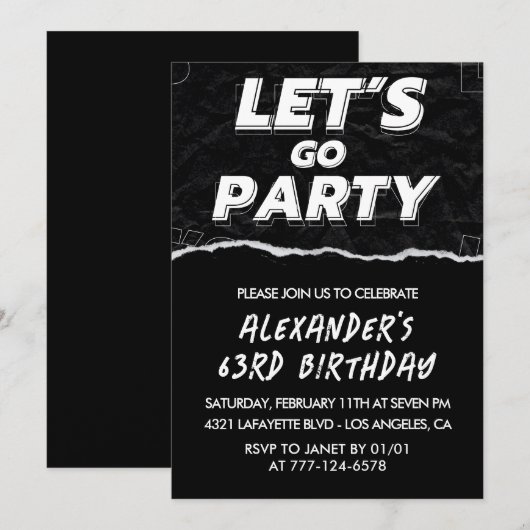 Zwarte 63e verjaardagsuitnodigingen Mannen Wit Kaart (Voorkant / Achterkant)