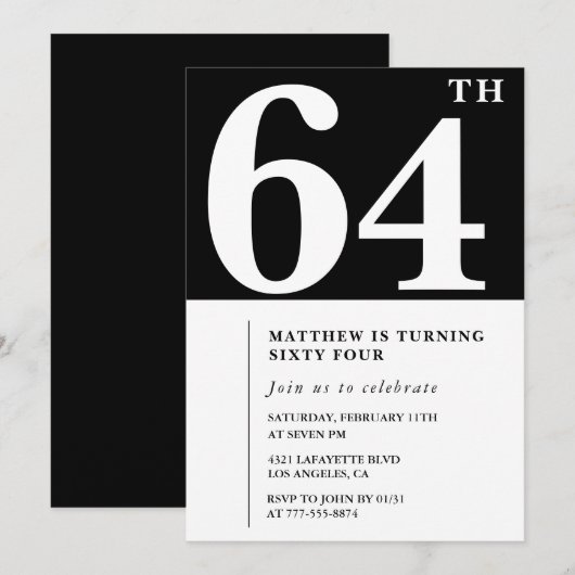 Zwarte 64e verjaardag uitnodiging Elegant Chic Sim (Voorkant / Achterkant)