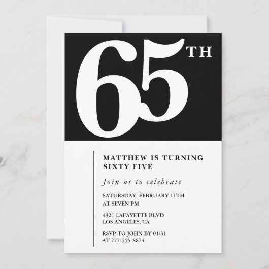 Zwarte 65e verjaardag uitnodiging Elegant Chic Sim (Voorkant)